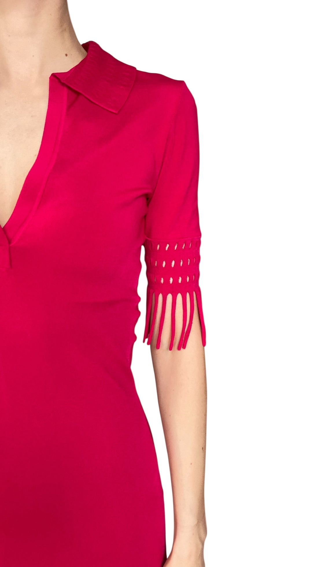 Alaia Fuchsia Pink Knit Polo Fringe Trim Midi Dress - 36 / US 2