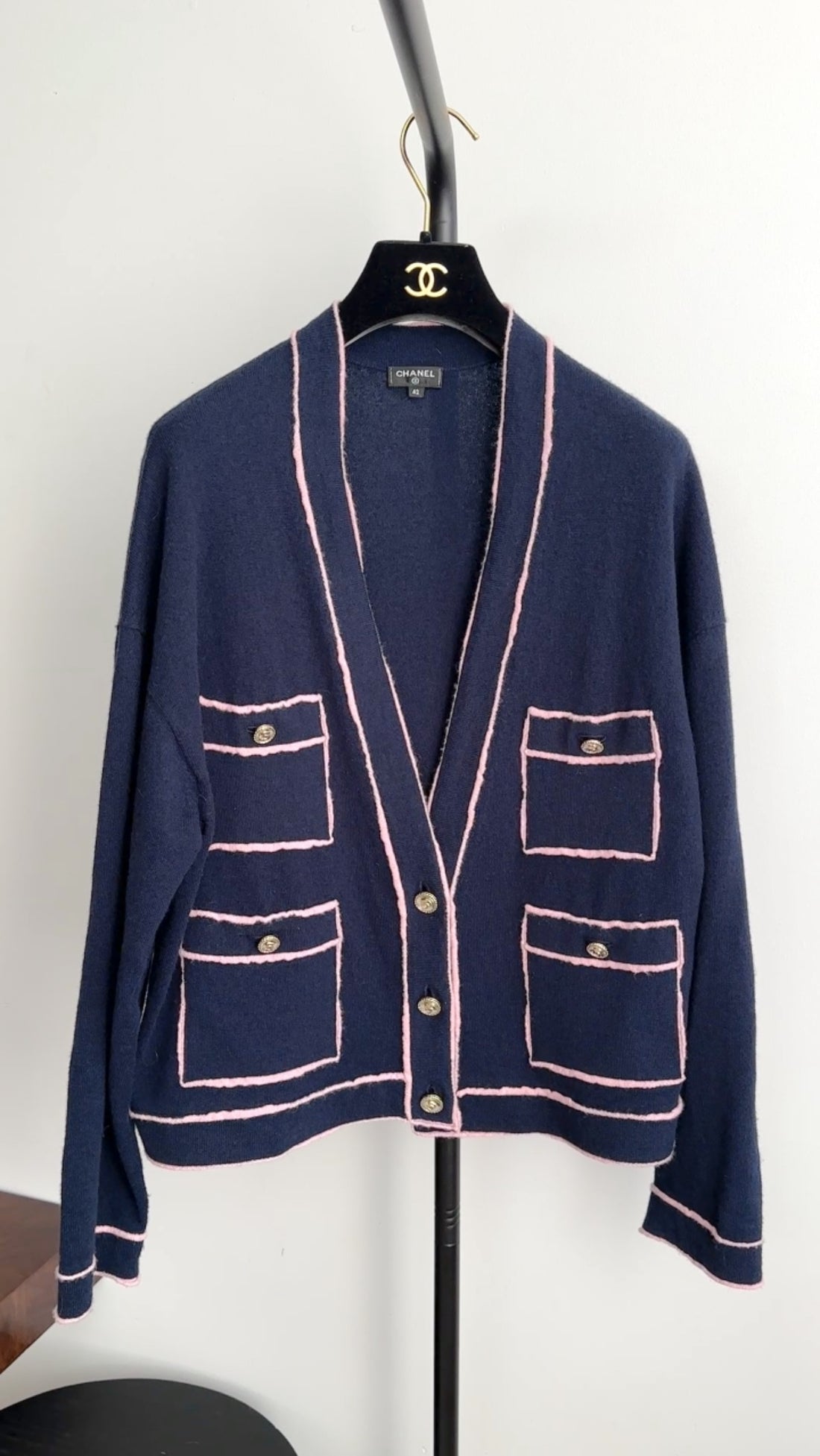 Chanel 21S Navy and Pink No. 5 Cashmere Cardigan Sweater - FR42 / 10