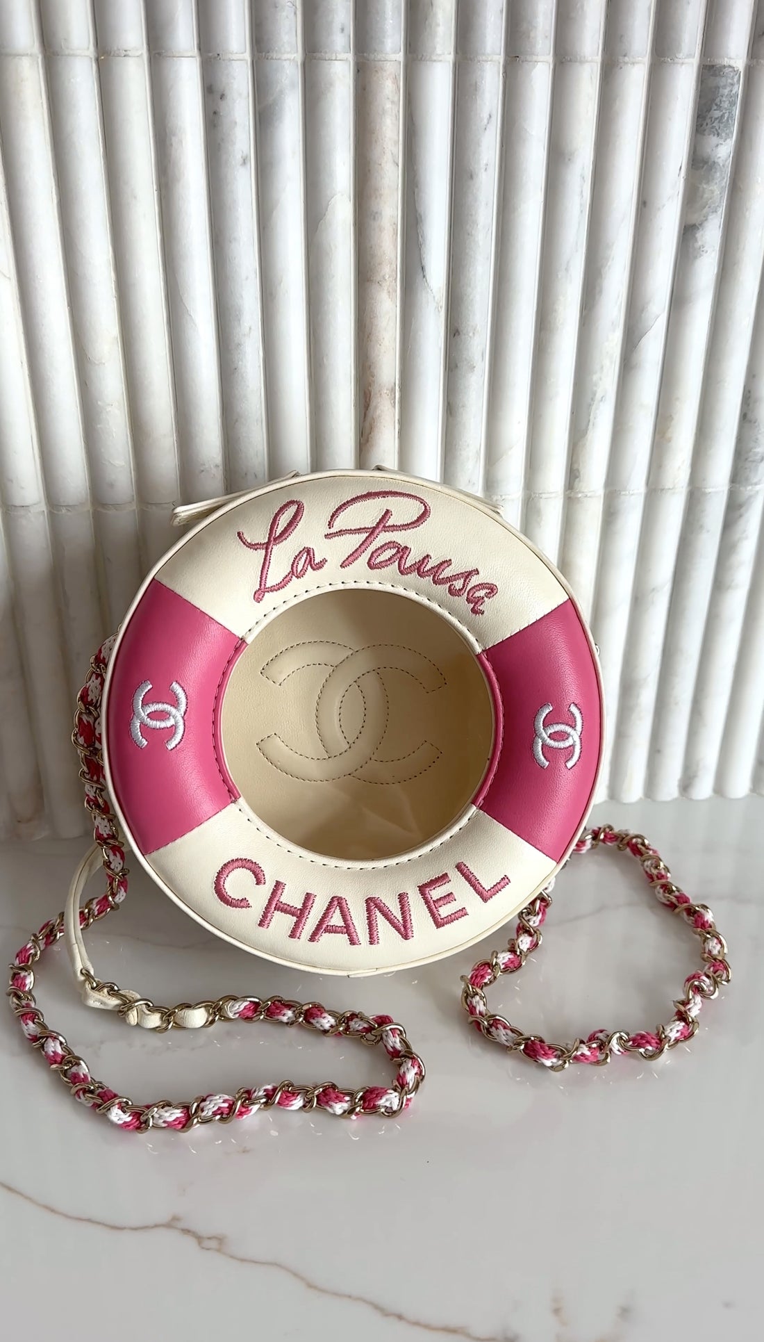 Chanel 2019 C Runway Pink and White La Pausa Lifesaver Round Bag