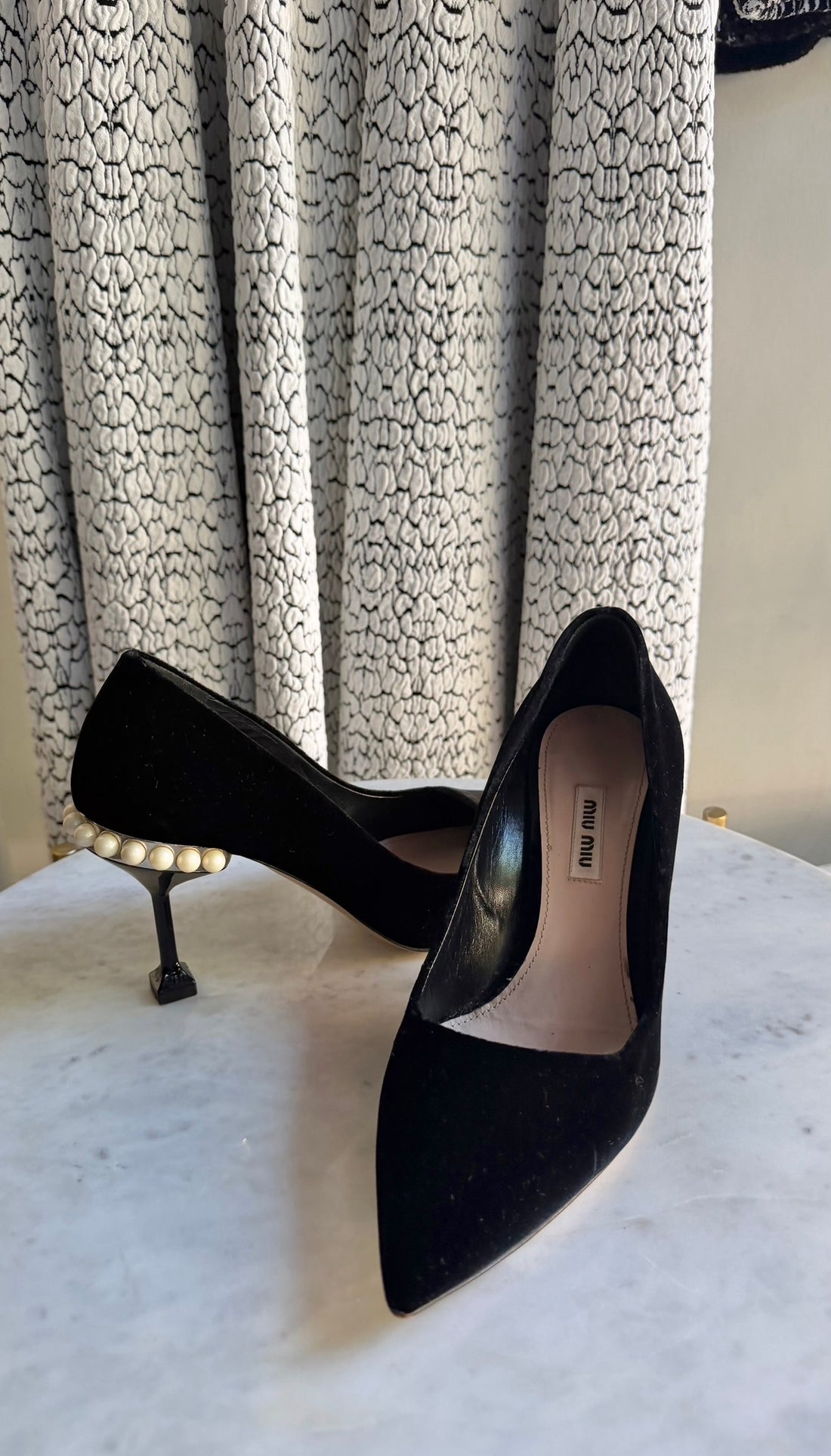 Miu Miu Black Velvet Pearl Embellished Pumps