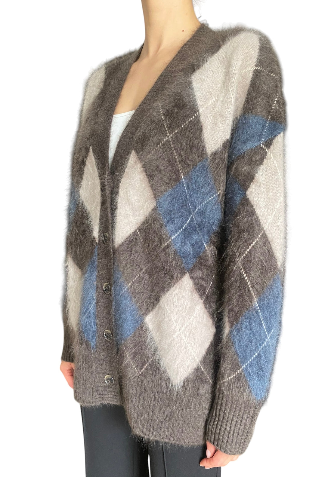 Lisa Yang Taupe Grey Blue “Elaria” Argyle Cashmere Knit Cardigan - XS-S / US 4-6