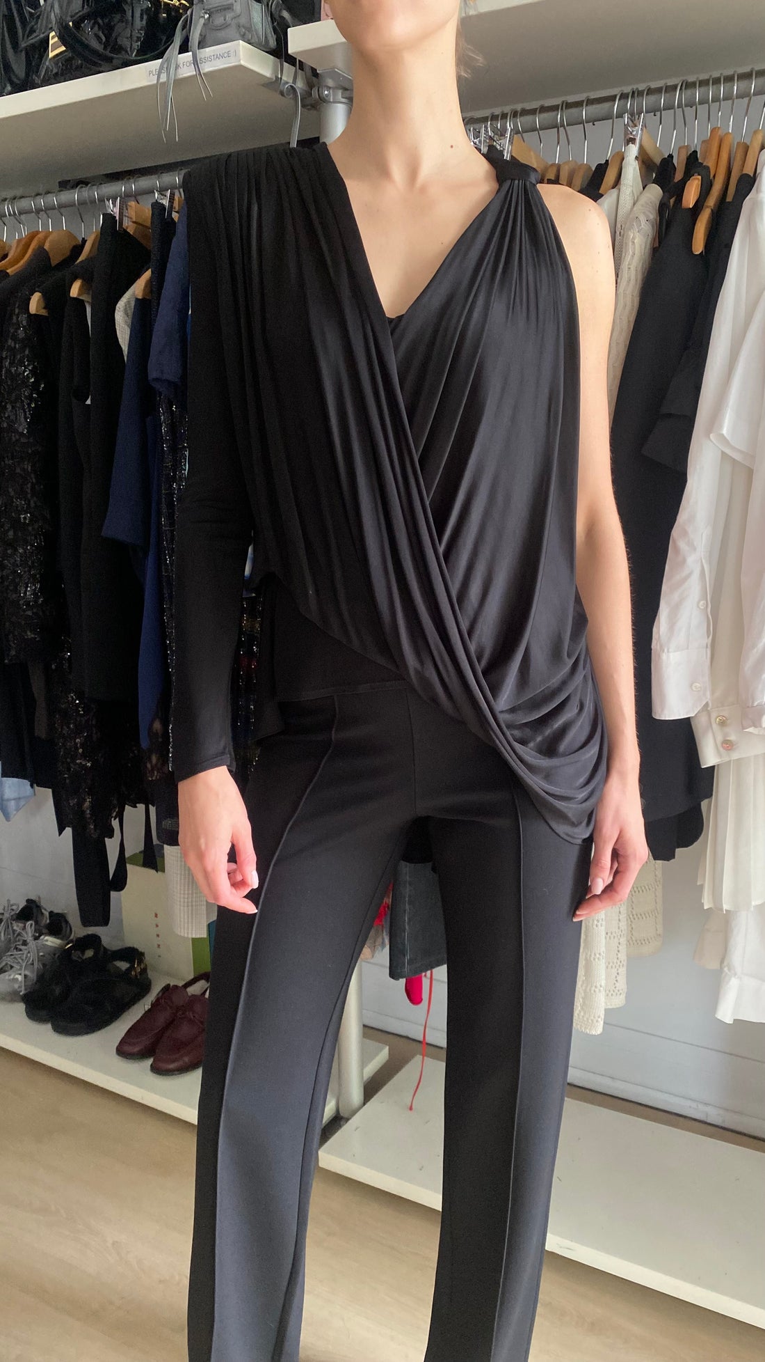Versace Black Draped Jersey Asymmetrical Hi-Low Top - FR 38 / US 4