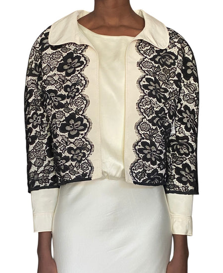Carolina Herrera Ivory Black Lace Open Cropped Jacket - 12