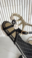 Chanel Black and White Leather Floral and Pearl Flat Sandals - 37.5