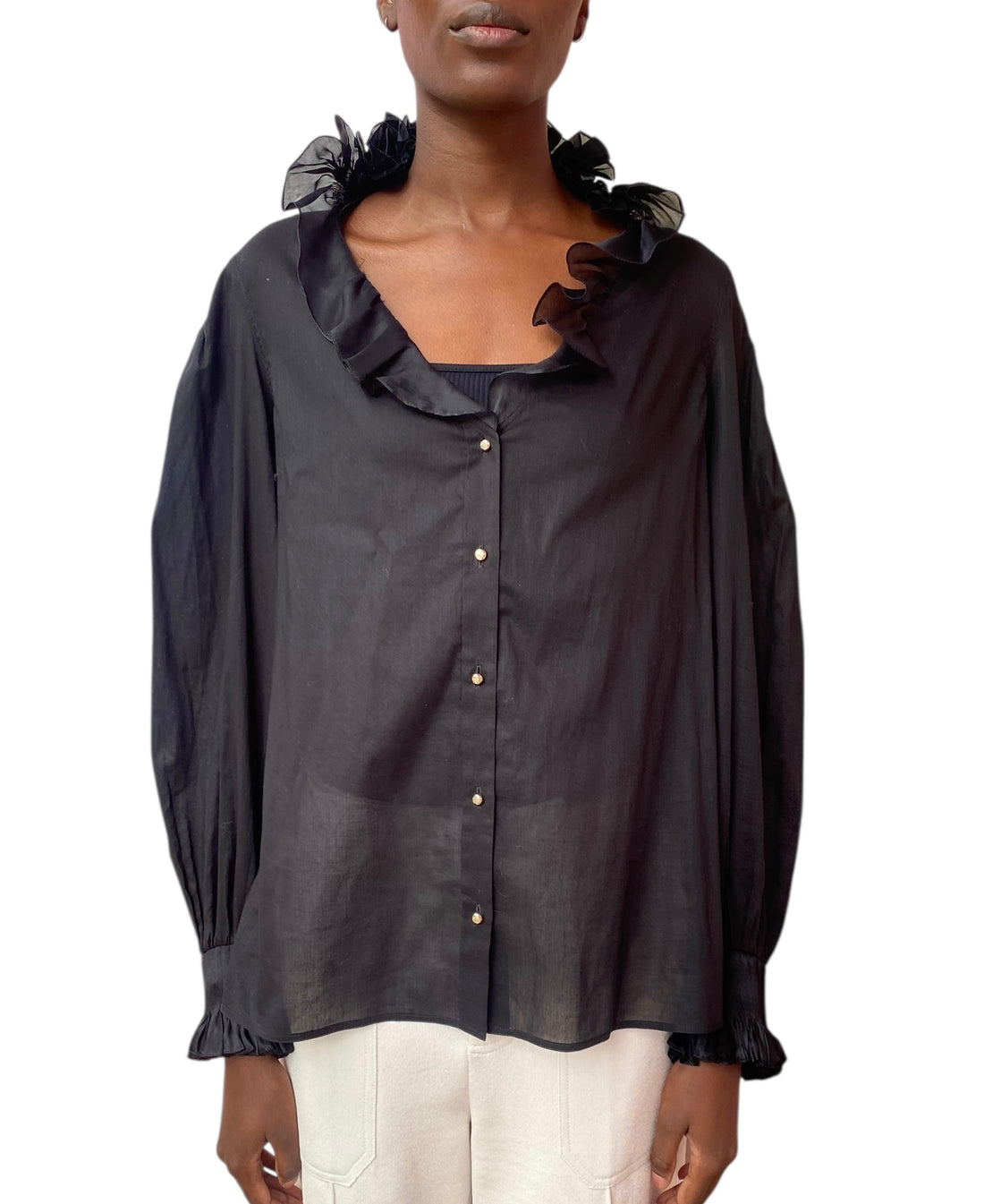Roberto Cavalli Black Ruffle Trim Sheer Long Sleeve Blouse - 44
