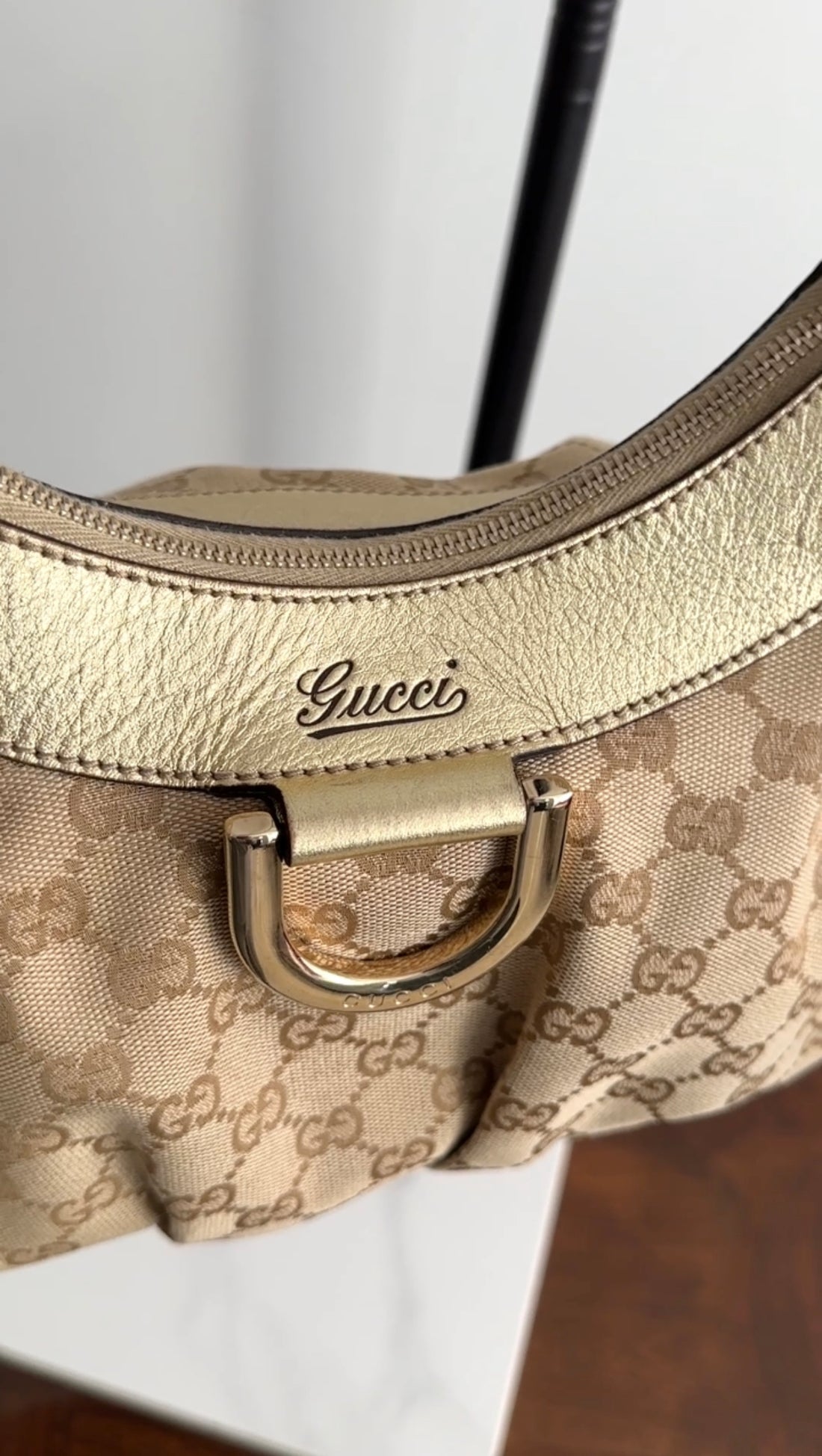 Gucci Monogram Canvas Gold Small D Ring Hobo Bag