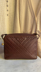 Chanel Brown Vintage 1991 Brown Caviar Leather Chevron Quilted Jumbo Camera Bag