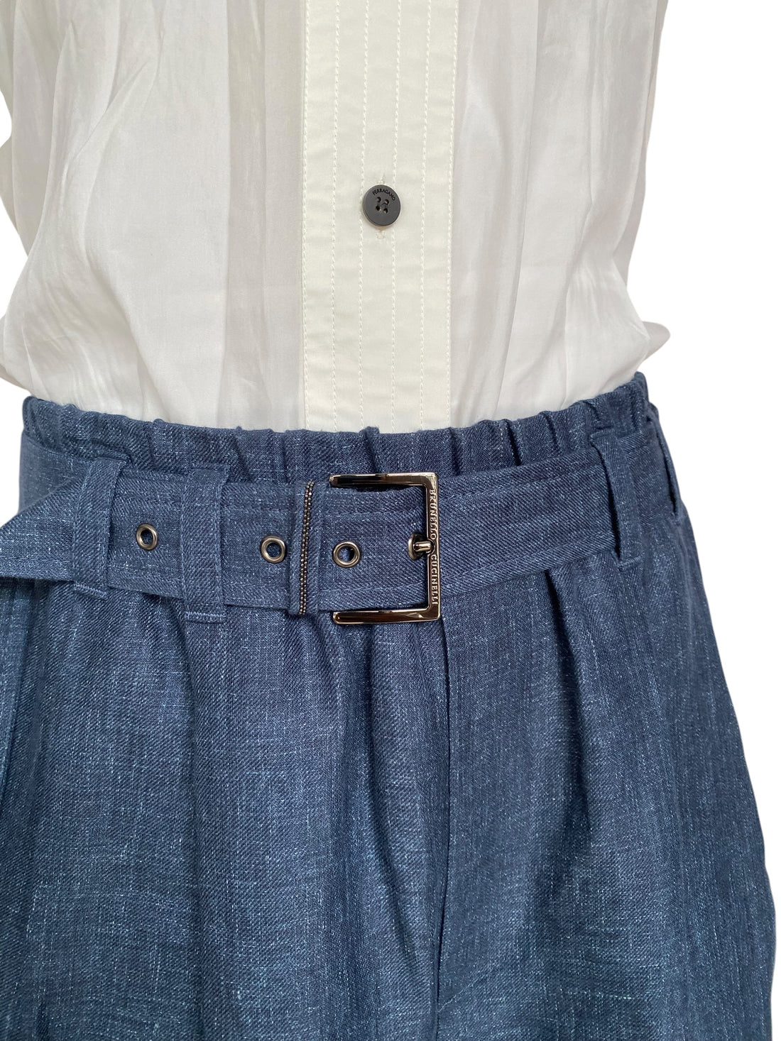 Brunello Cucinelli Blue Linen Belted Wide Leg Trousers - IT 42 / US 6