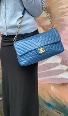 Chanel Blue Quilted Leather Chevron Flap Chain Bag