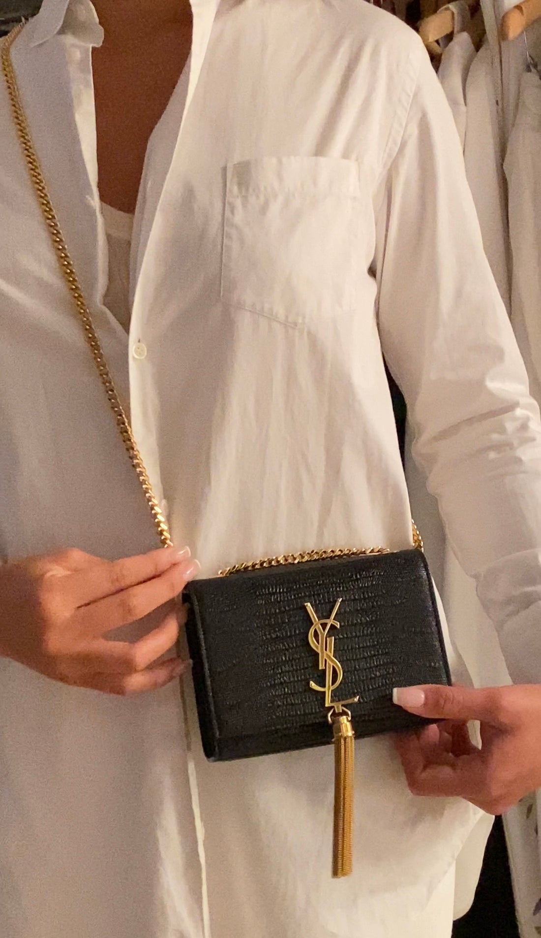 Saint Laurent Black Croc Embossed Mini Kate Tassel Chain Bag Mini
