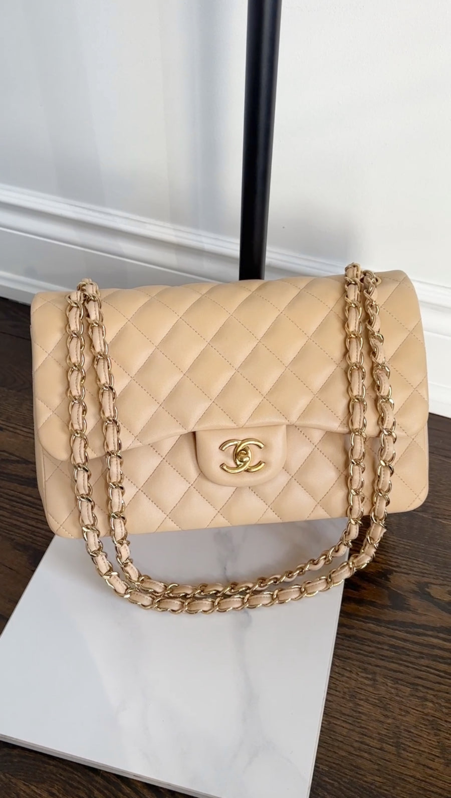 Chanel Beige Lambskin Jumbo Classic Double Flap Bag GHW