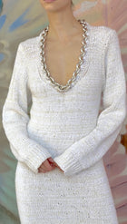 Bottega Veneta Ivory Silver Chain Neckline Cotton Knit Long Gown Dress - M