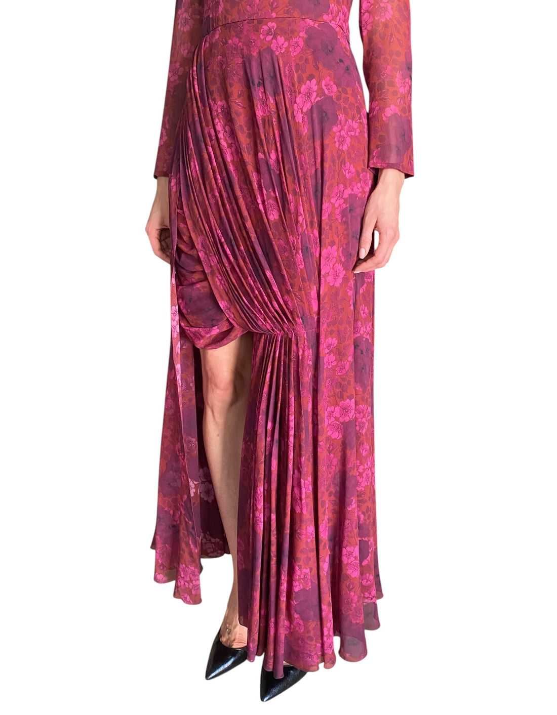 Giambattista Valli Burgundy "Anemones" Pleated Draped Long Sleeve Gown - IT 44 / M / US 6