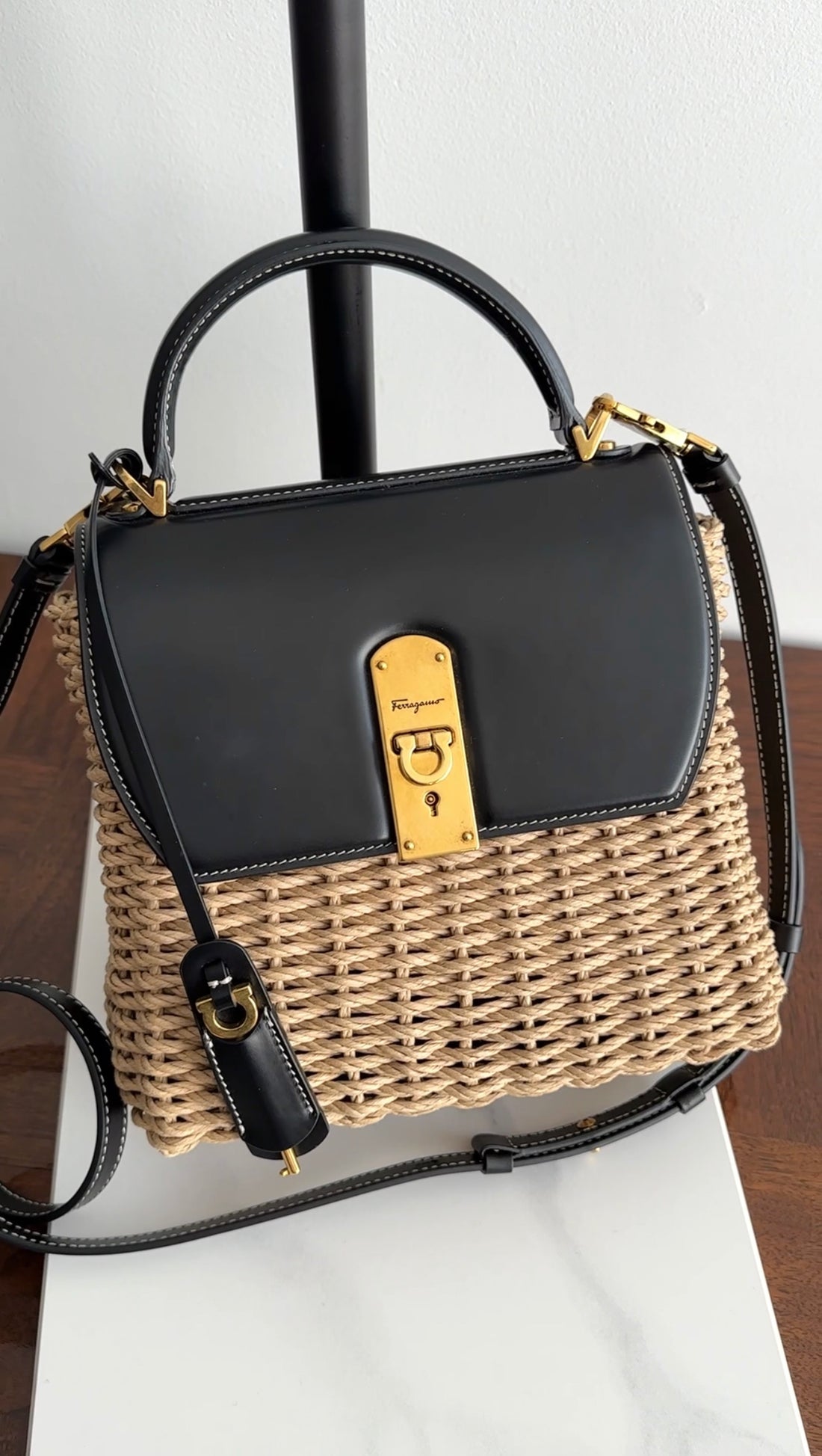 Ferragamo Black Leather and Wicker Small Boxyz Bag