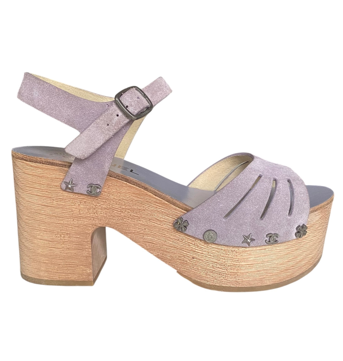 Chanel Lilac Suede Charm Studded Platform Wood Sandal - 37