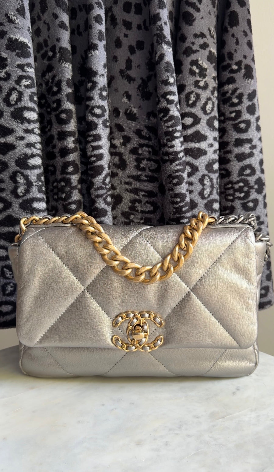 Chanel Silver Medium 19 Metallic Quilted Chain Bag