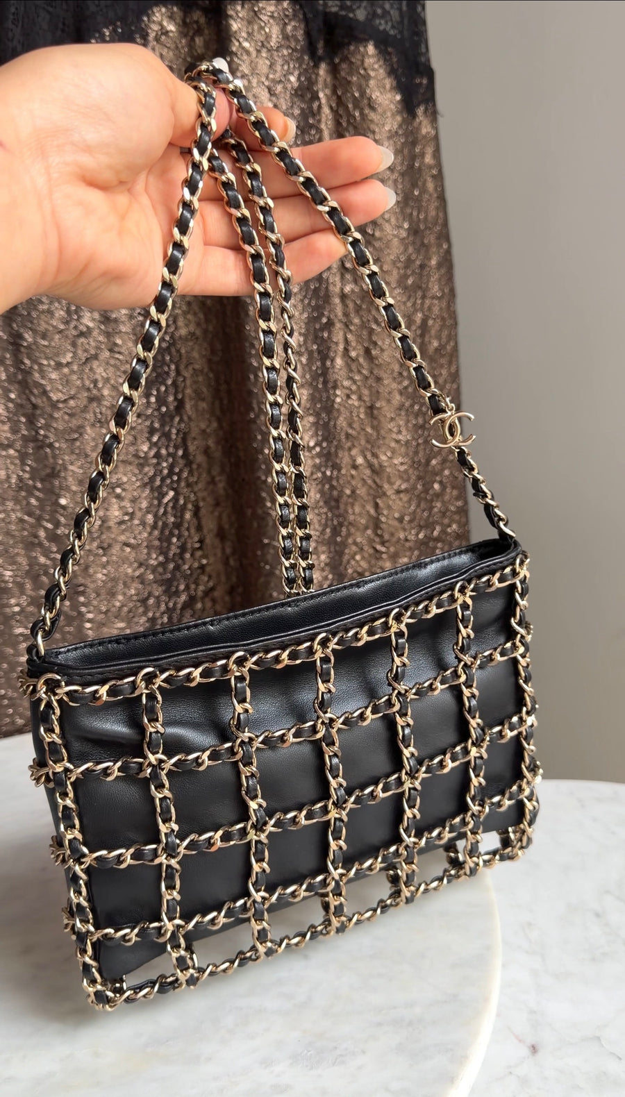 Chanel Black Lambskin Leather Chain Cage Frame Small Shoulder Bag