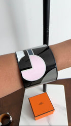 Hermes Black White Grey Pink Mega Wide Enamel Bangle Bracelet