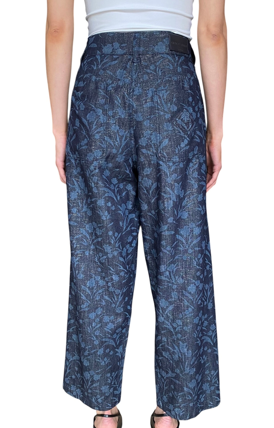 Giorgio Armani Navy Denim Floral Printed Metallic Wide-Leg Jeans - IT 44 / US 8-10