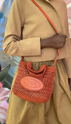 Tod's Rust Crochet Raffia Mini Manici Logo Tote Bag