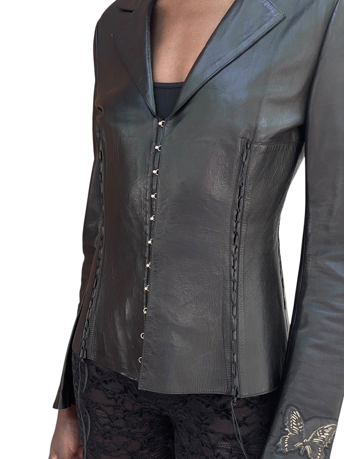 Roberto Cavalli 2003 Black Leather Corset Jacket - L / US 6-8