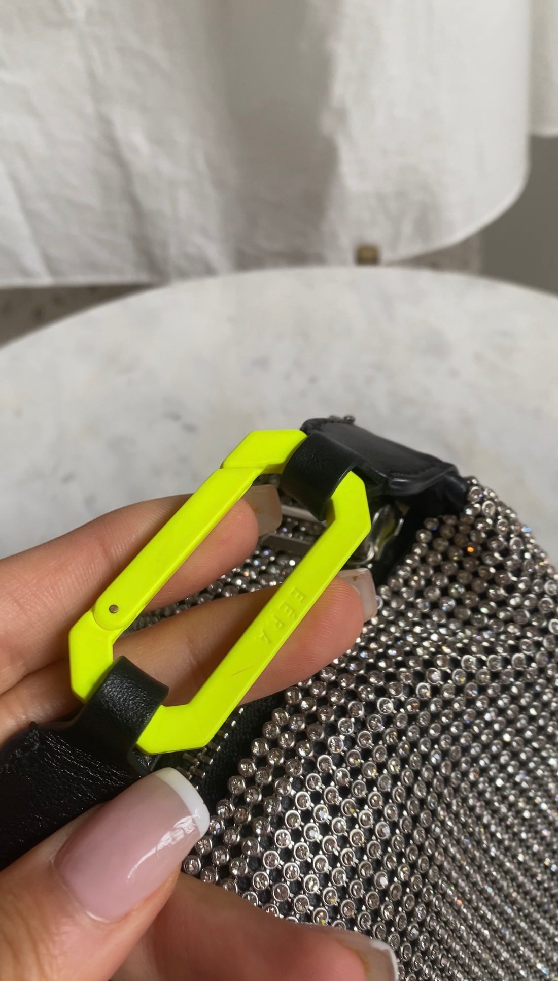 Eera Chartreuse Buckle Black Crystal Mesh Moonbag