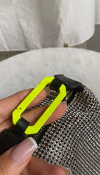 Eera Chartreuse Buckle Black Crystal Mesh Moonbag