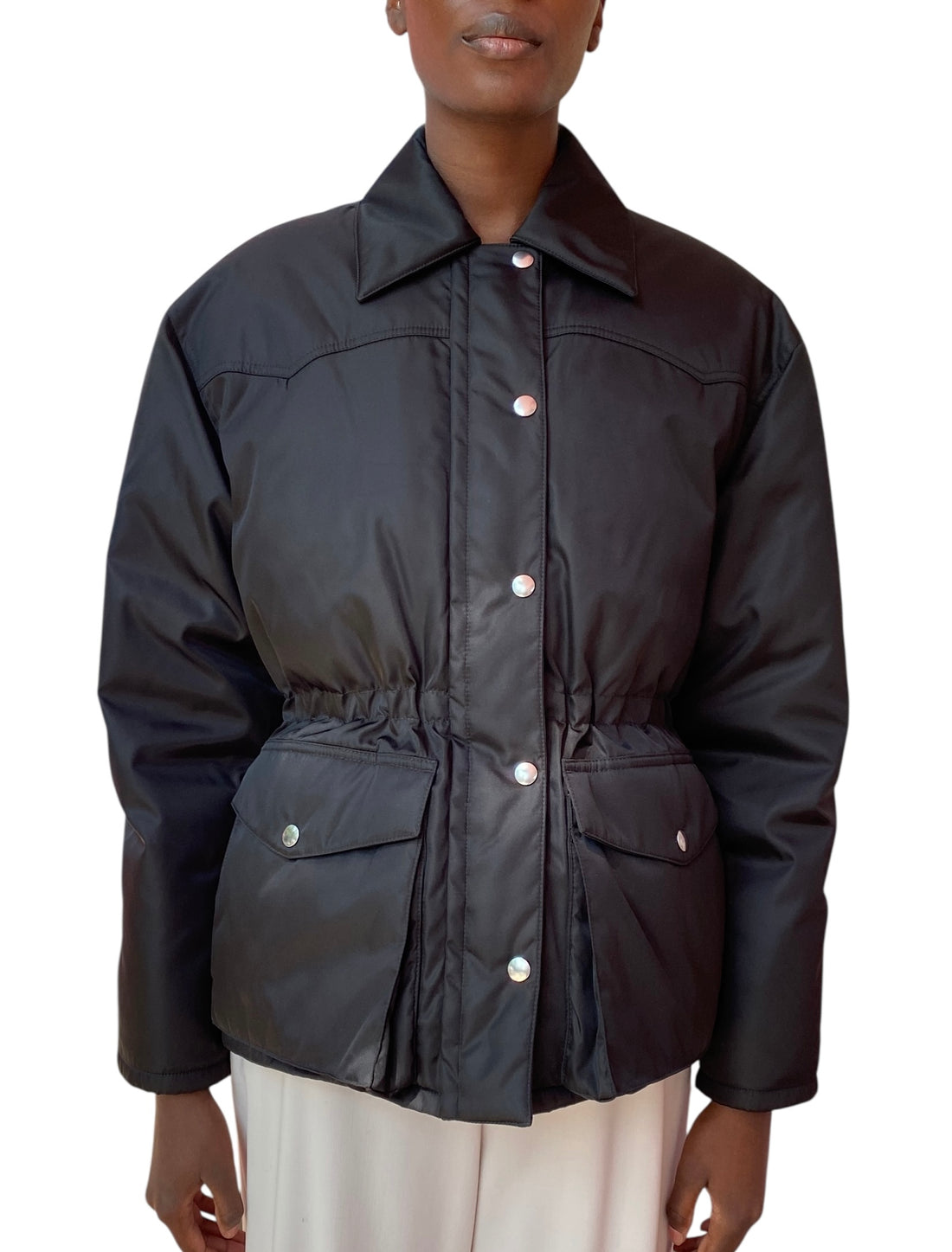 Prada Black Re-Nylon Button Down Padded Jacket - 38