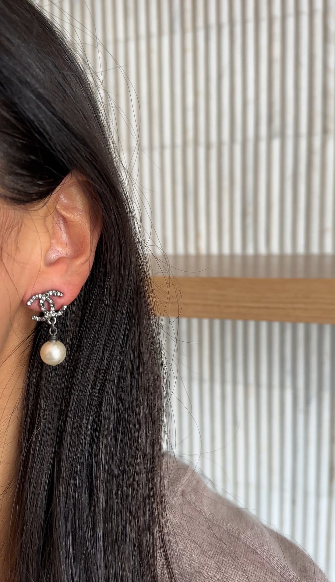 Chanel 14P Ruthenium Crystal and Pearl Small CC Drop Earrings