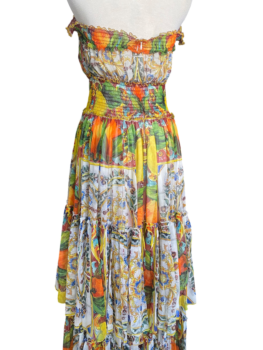 Dolce & Gabbana Orange Printed Silk Chiffon Tiered Strapless Maxi Gown - IT 44 / S-M
