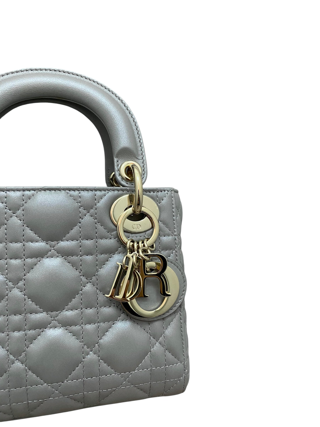 Christian Dior 2020 Pearl Grey Cannage Lambskin Mini Lady Dior Two Way Chain Bag