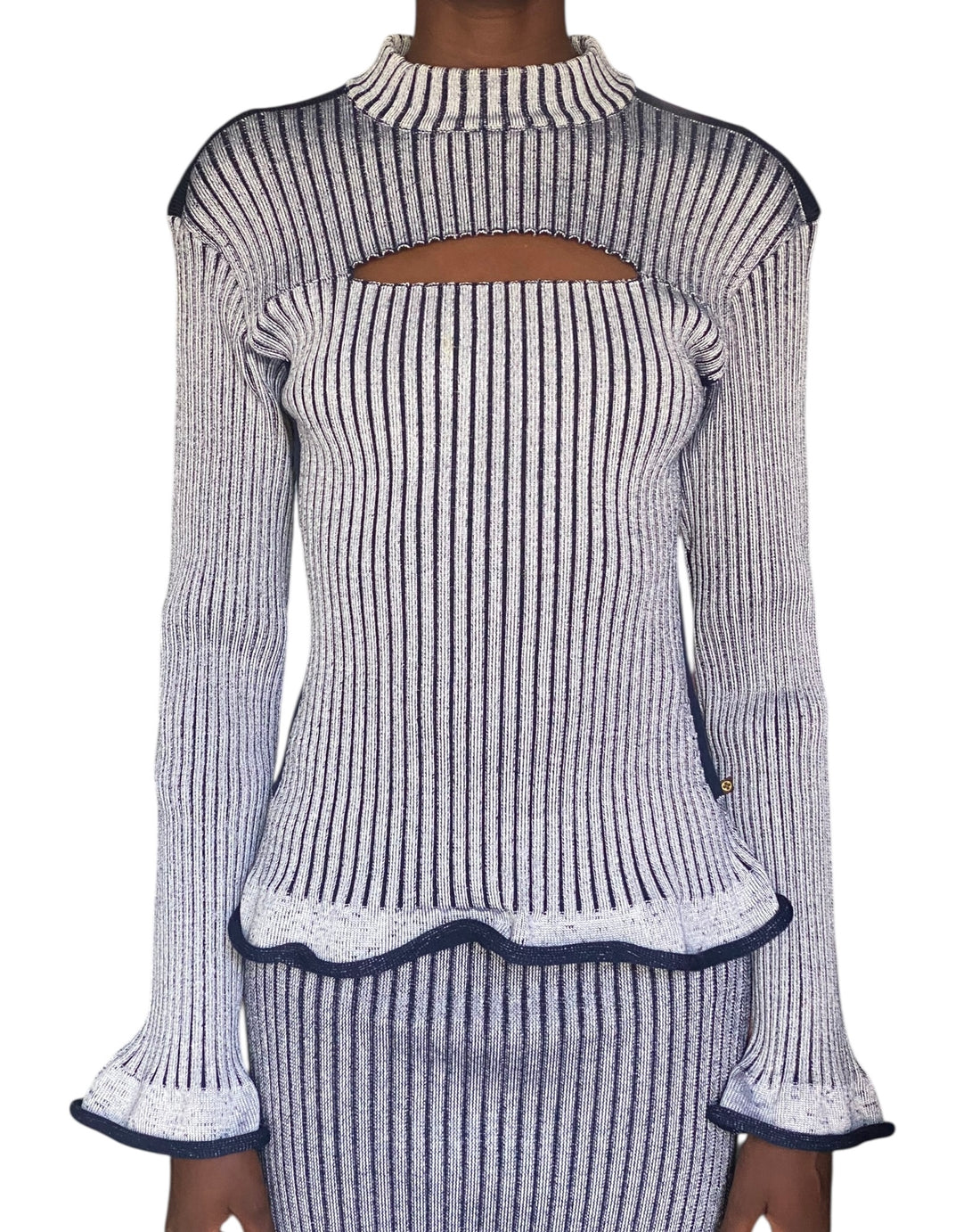 Louis Vuitton 2015 Navy Ribbed Knit Keyhole Sweater Skirt Set - M / US 6