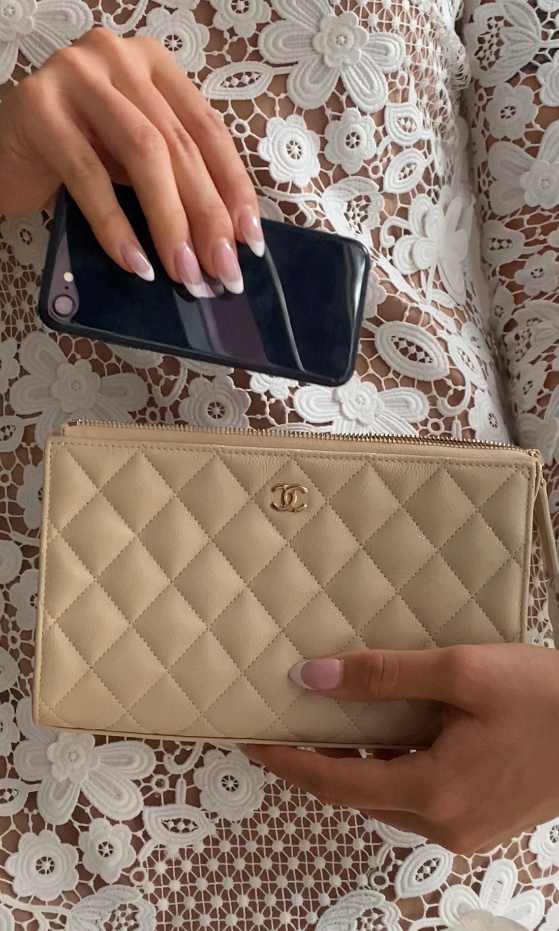 Chanel Light Beige Caviar Quilted Leather Timeless Clutch Bag