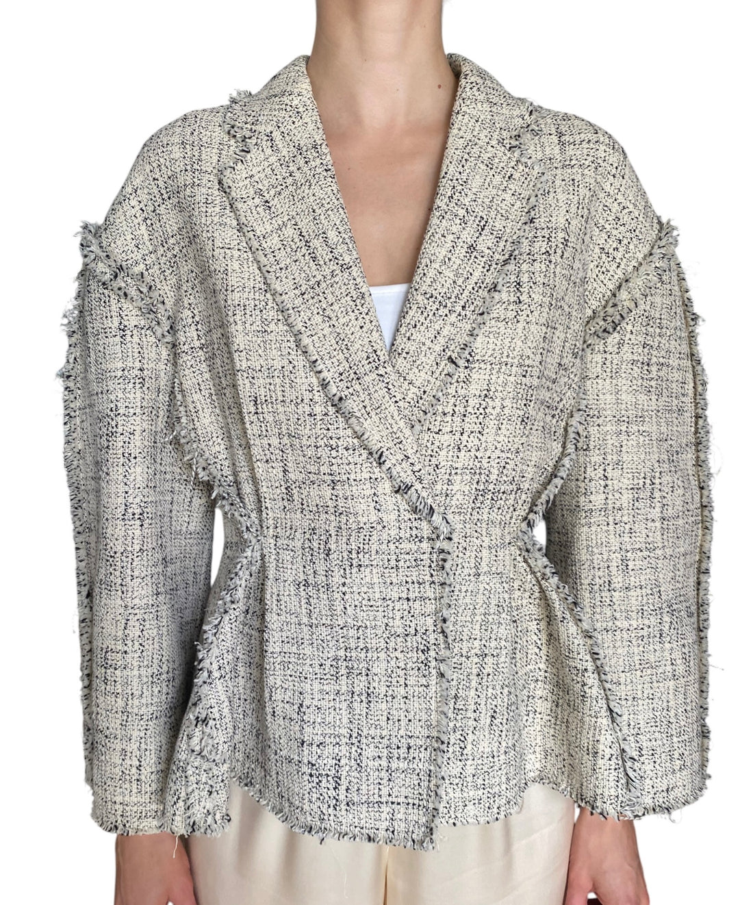 Erdem Beige & Black Cotton Tweed Pleated Raw Hem Blazer - IT 42/ US 8