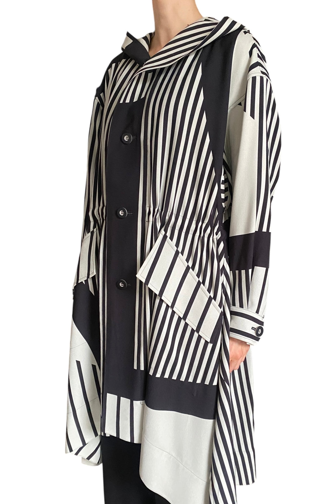 Issey Miyake Black & White Asymmetrical Striped Hooded Coat - JP 2 / M