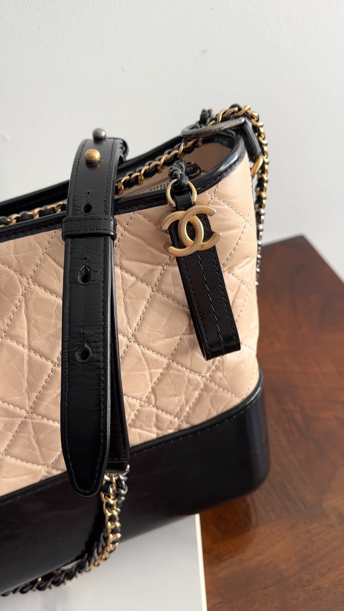 Chanel Beige and Black Aged Calfskin Gabrielle Medium Chain Bag