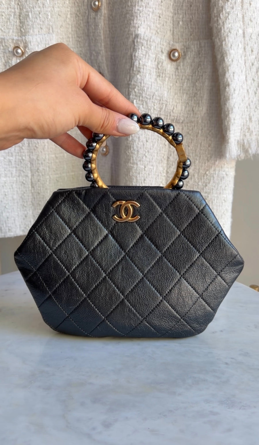 Chanel Quilted Dark Charcoal Grey Aged Lambskin Pearl Crown Clutch Bag