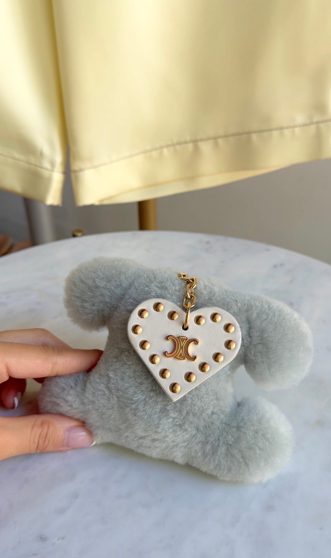 Celine Pale Sage Green Triomphe Shearling Pom Pom Studded Heart Charm Keyring