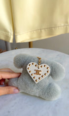 Celine Pale Sage Green Triomphe Shearling Pom Pom Studded Heart Charm Keyring