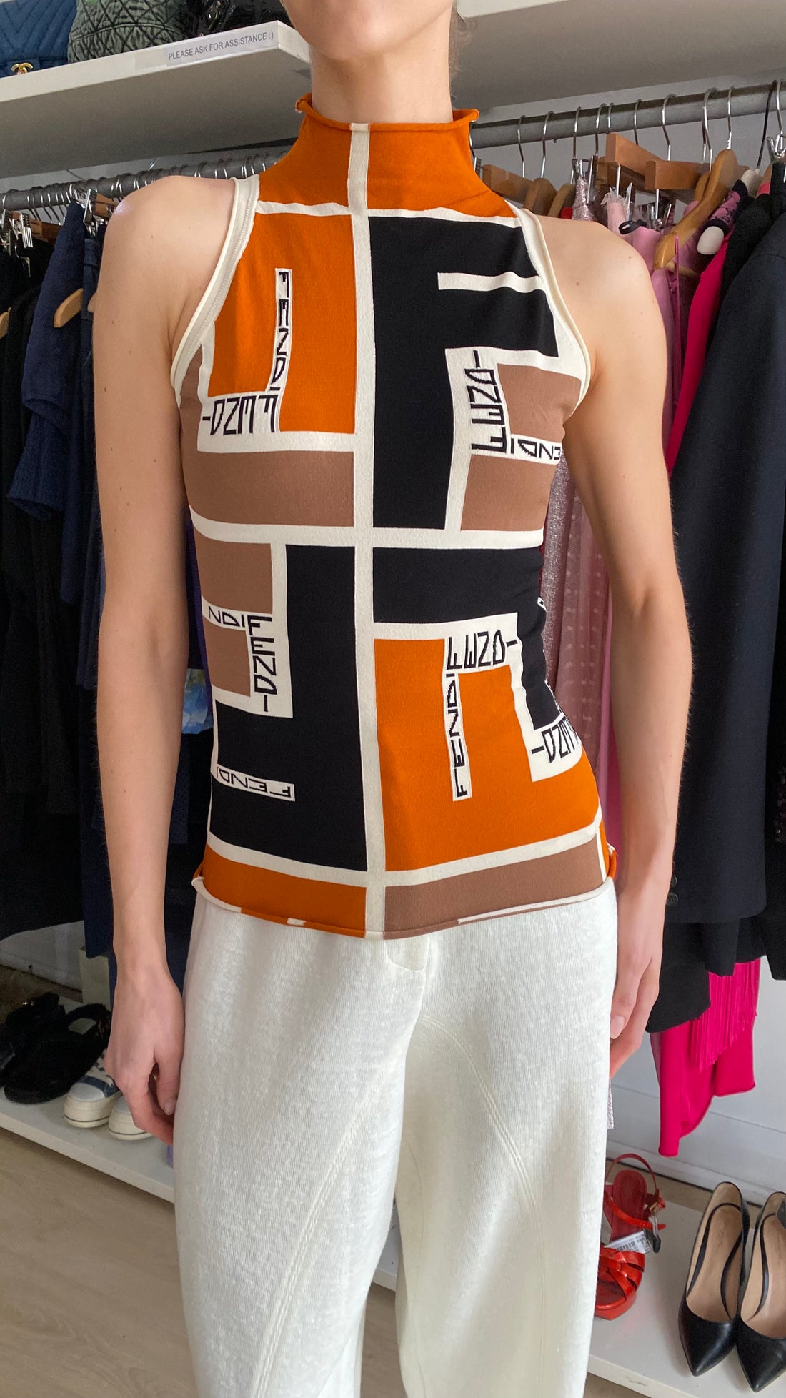 Fendi Orange Geo Puzzle Print Turtleneck Jersey Knit Tank Top - 40 / US 6