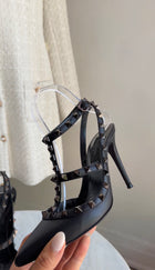Valentino Black Leather Rockstud Ankle Strap Cage Pointed Pumps - 37