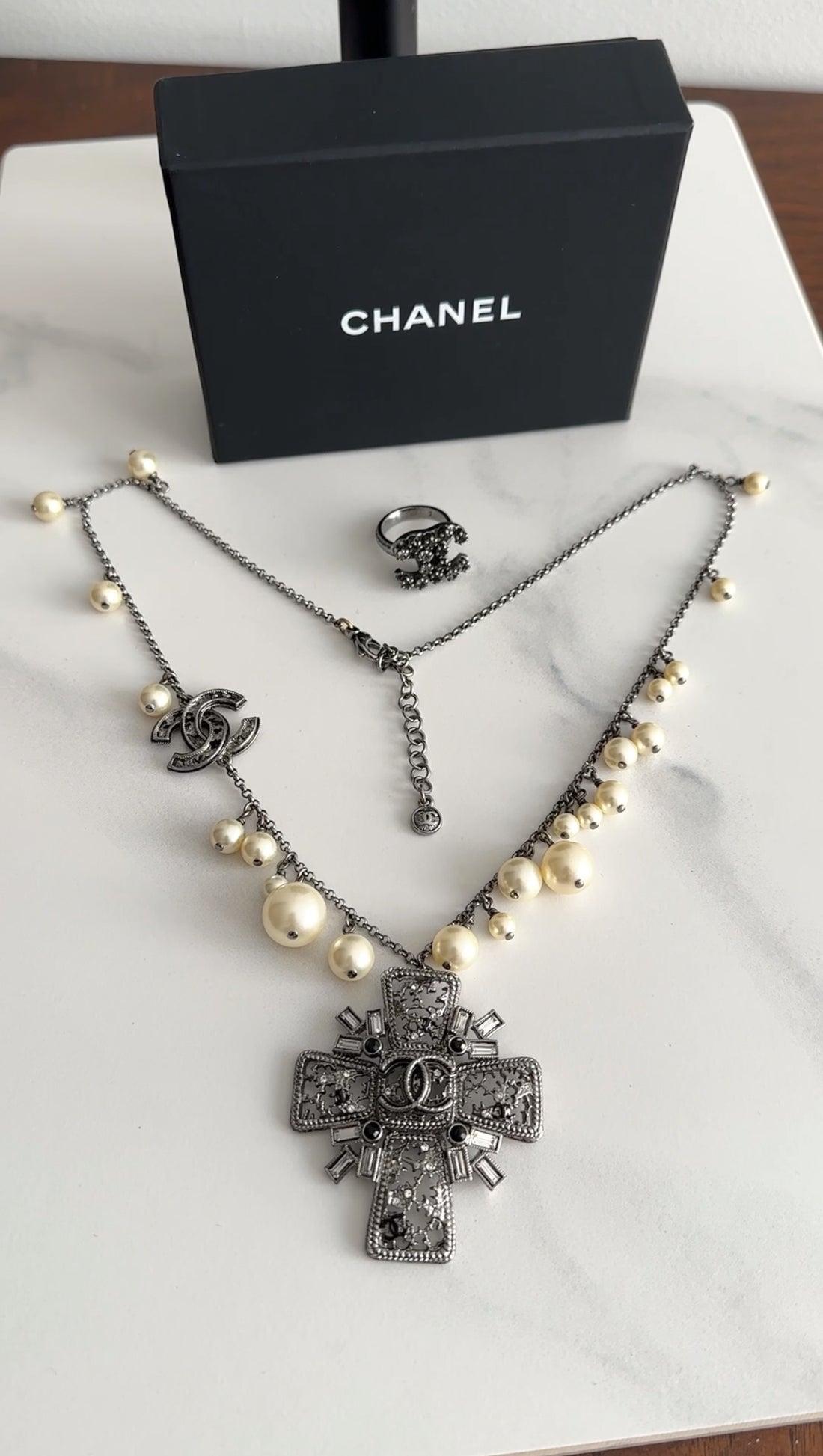 Chanel 10C Pearl and Crystal Grey CC Cross Necklace