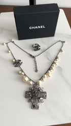 Chanel 10C Pearl and Crystal Grey CC Cross Necklace