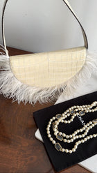 Staud Ivory Faux Embossed Half Moon Shoulder Bag with Feather Trim
