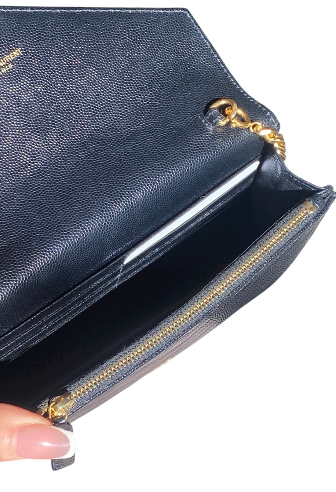 Saint Laurent Black Cassandre Grain de Poudre Chevron Wallet on Chain