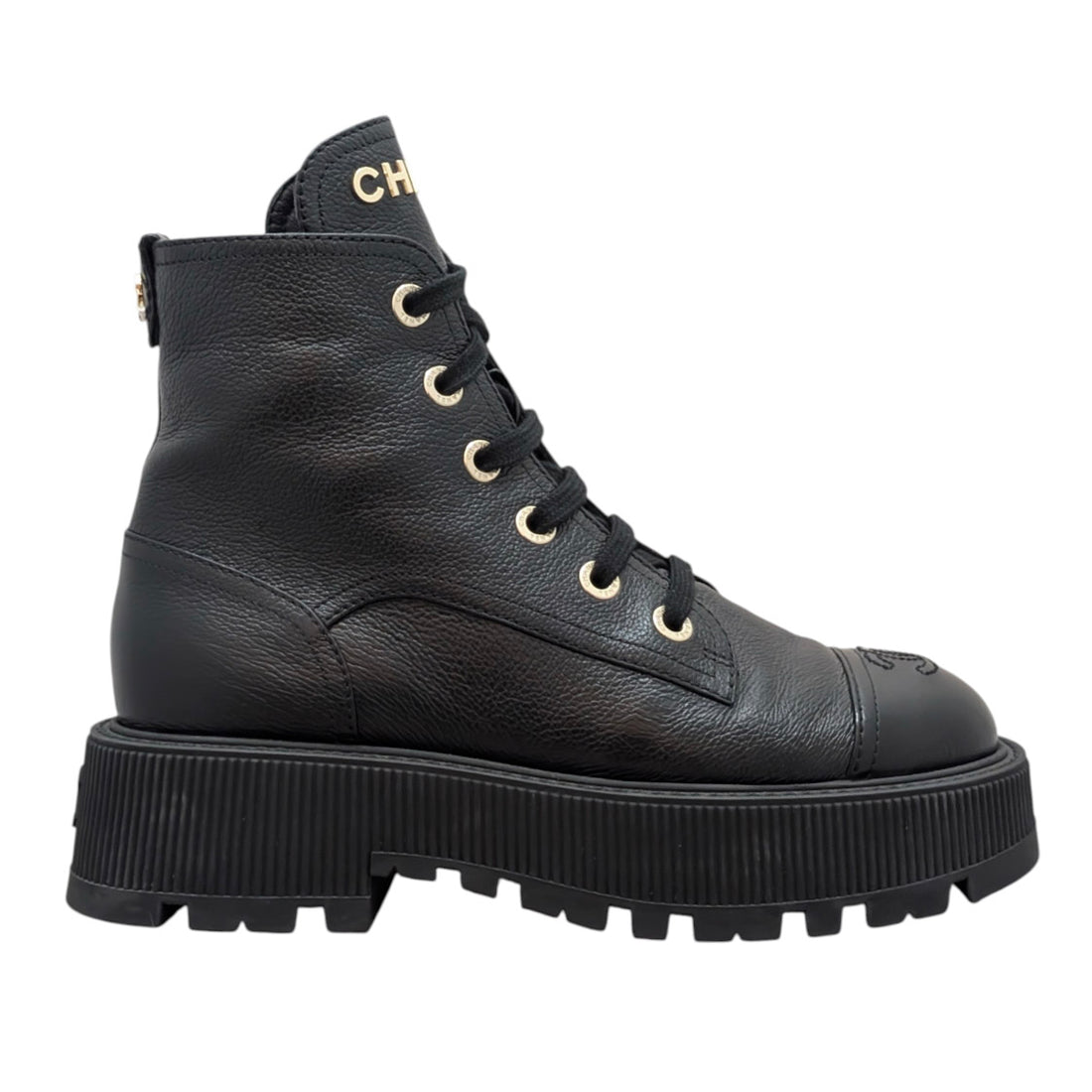 Chanel 23A Black Calfskin CC Cap-Toe Platform Combat Boot - 37