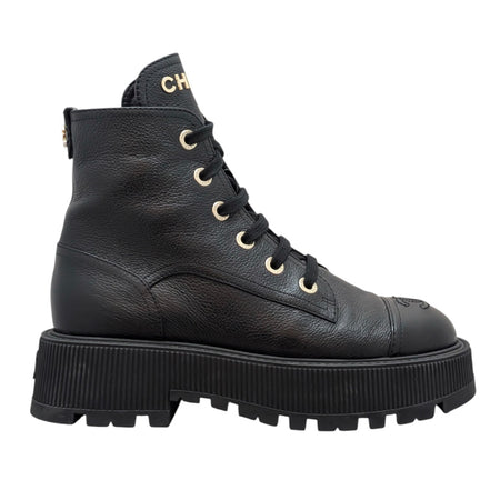 Chanel 23A Black Calfskin CC Cap-Toe Platform Combat Boot - 37