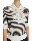 Ermanno Scervino White & Black Striped Lace Cashmere Blend Short Sleeve Polo - IT 44 / US 6-8