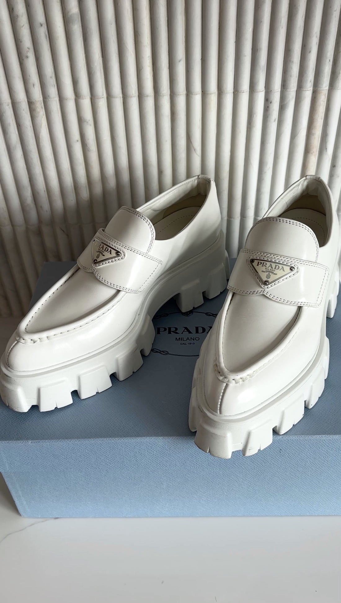 Prada White Pointed Monolith Platform Loafers - 38