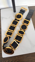 Chanel SS 1988 Vintage Black Leather Goldtone Multi Buckle Belt